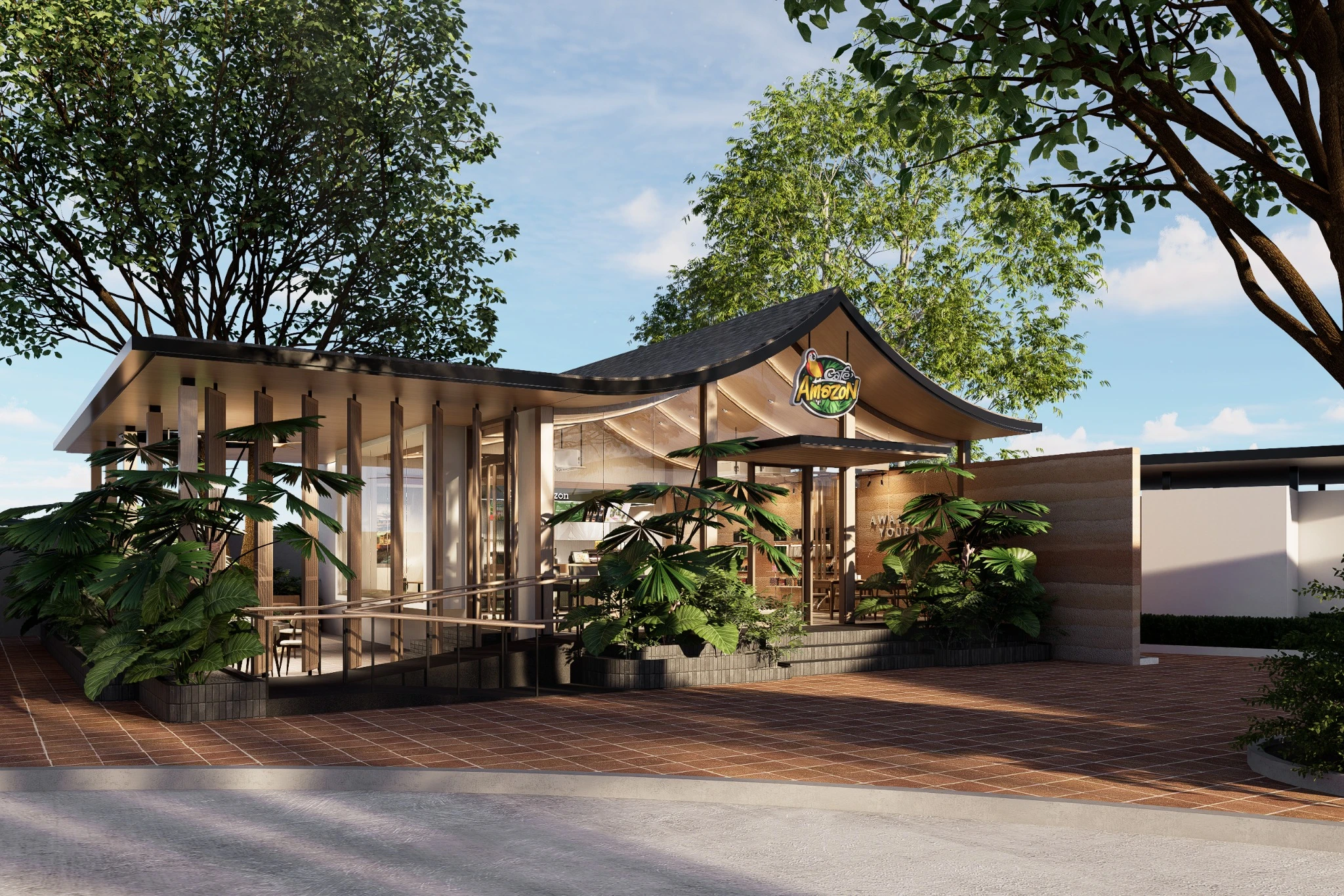 AMZ // BPK café exterior surrounded by trees