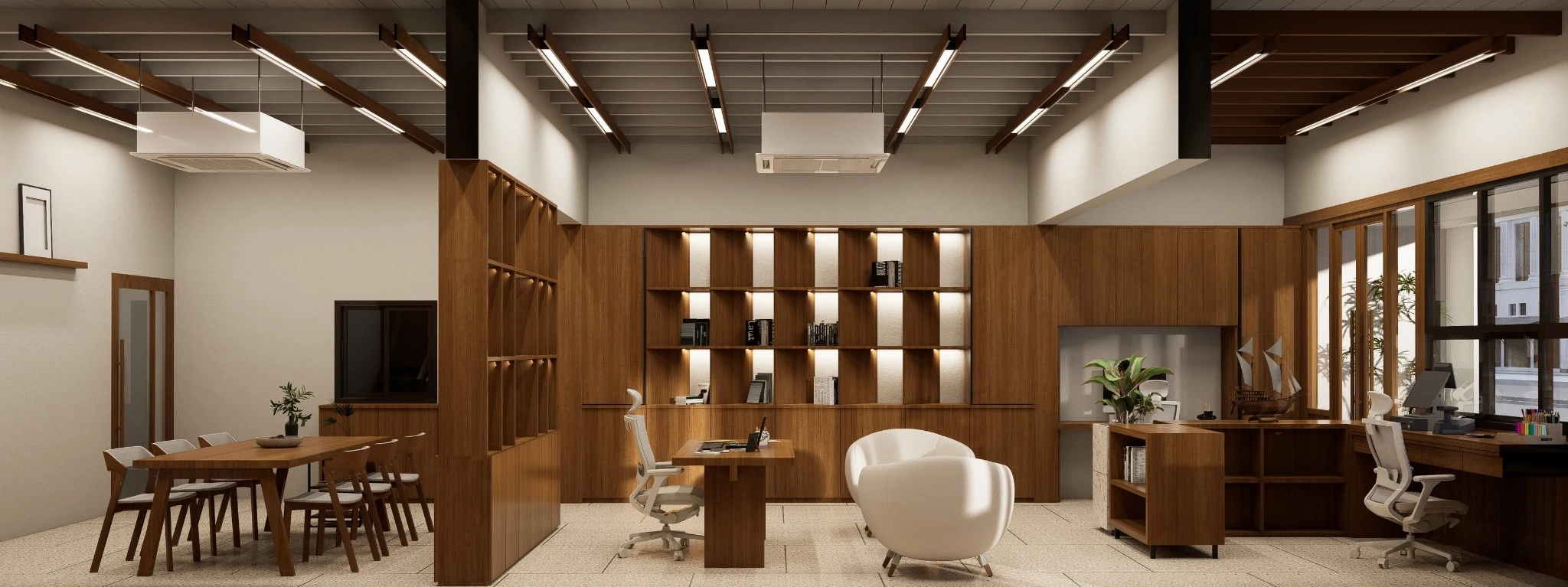 Timber home office with connected workspace, dining and lounge areas